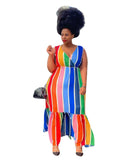 Women Plus Size Midi Dresses Summer Color-Striped Printing Sleeveless Dress