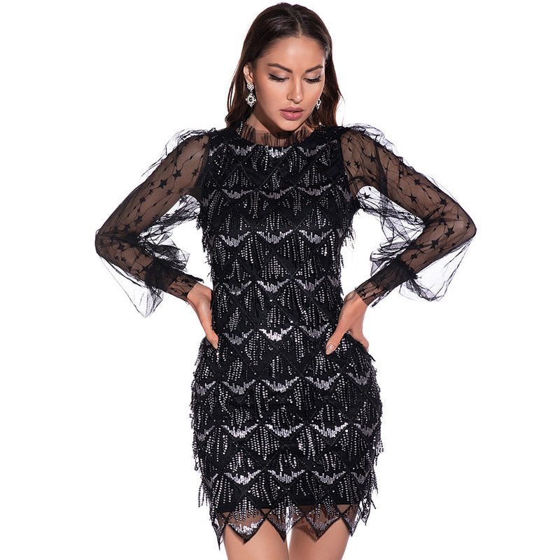 Knee Length Semi Formal Dresses for Wedding Sequins Dress Sexy Mesh Long Sleeve