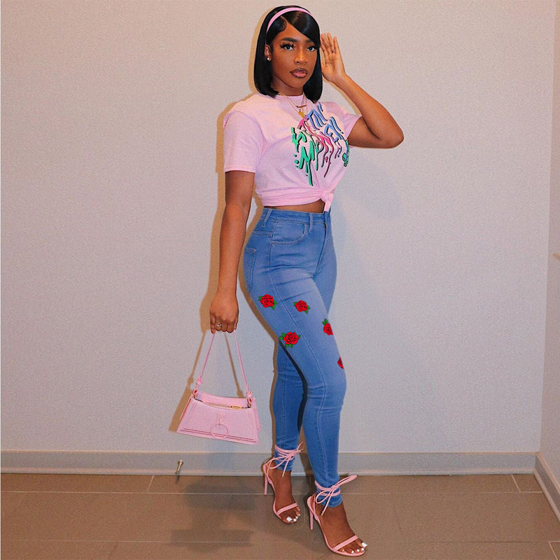 Women Plus Size Jeans Summer Rose Printed Denim Skinny Pants Trousers