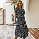 Black and White Dress Summer Polka Dot Short Sleeve Dress Shirt Collar Skirt