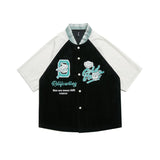 Baseball T Shirt Summer Corduroy Contrast Color Letter Print Baseball Collar Short Sleeve Shirt for Men