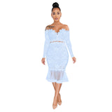 Autumn and Winter off-Shoulder Lace Fishtail Skirt Swing See-through Dress