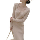 Fairy Dress Knitted Dress for Women Autumn and Winter French Style Retro Minority V-neck Knot Inner Wearing Long Style Fairy Skirt