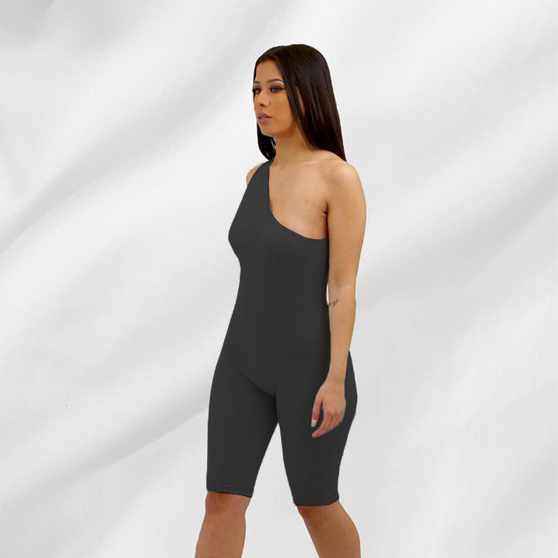 Summer women's sexy backless high waist tight solid color oblique shoulder casual sports one-piece shorts