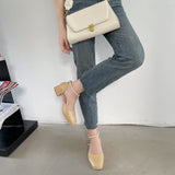 Nude Block Heel Sandals Summer Leather Shoes