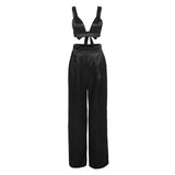 Women Top & Pant 2 Piece Set Autumn and Winter Lace-up Backless Underwaist Wide-Leg Pants Casual Suit
