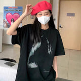 Present T Shirt Shark Vintage Print Distressed round Neck Loose