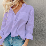 Women Bohemian Shirts Women's Summer Solid Color Long Sleeve Shirt Lapel Cotton
