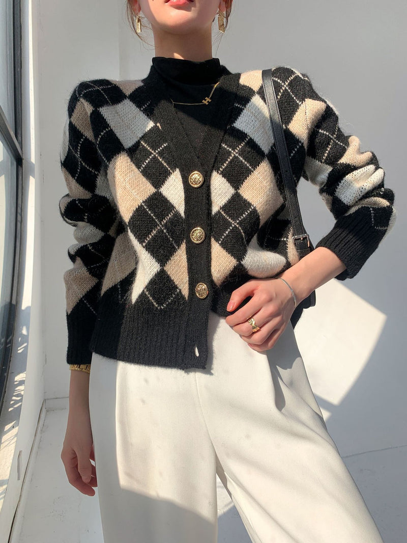 Preppy Aestitic Outfits Diamond Plaid Knitted Cardigan