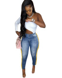 Women Plus Size Jeans High Waist Slim-Fitting Patchwork Tassel Trousers