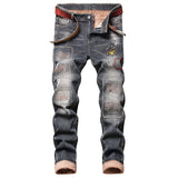 J Shaped Jeans New Men's Jeans Retro Large Hole Patch Straight Thickening plus Velvet
