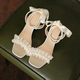 Nude Wide Fit Block Heels Bowknot High Heel Sandals