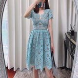 Women Exotic Dresses Summer Blue V-neck Hollow Lace Dress