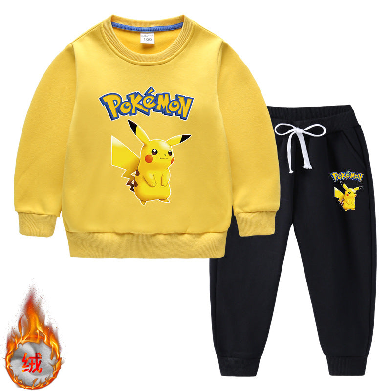 Children Pokemon Pikachu Hoodie & Pant Set Fleece Lined Padded Warm Keeping Winter Clothes Sweatershirt Suit