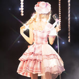 Gothic Lolita Harajuku Style Clothing Lolita Small Skirt Pink Sniper Op Idol Song-Promotion Costume Pink Plaid Dress