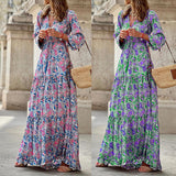 Women Bohemian Dress Women's Summer Long-Sleeve V-neck Dress