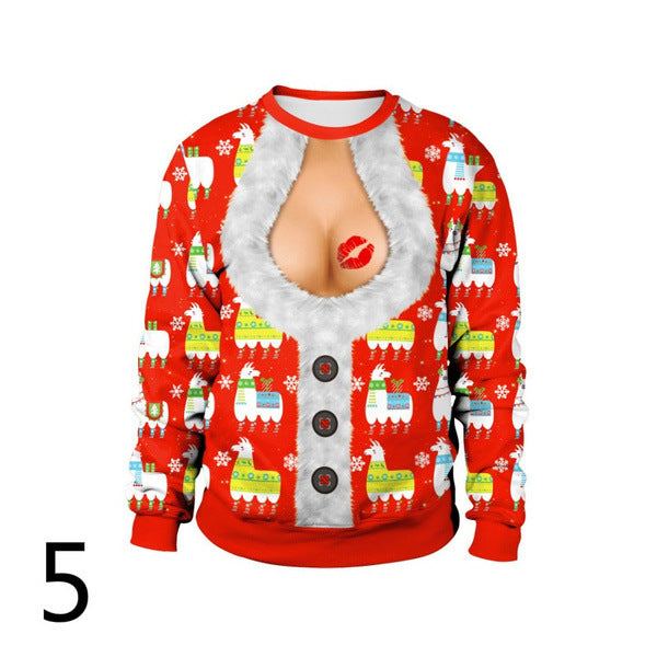Ugly Christmas Sweater Spoof Sexy Navel Hair Printed round Neck Pullover Couple Sweater