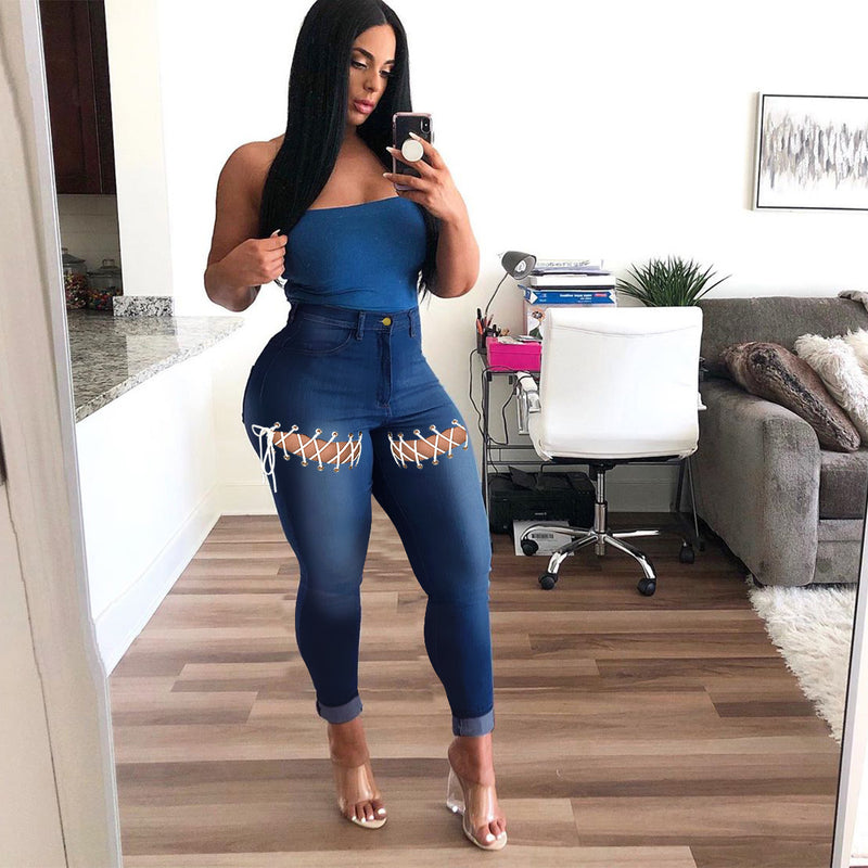 Women Plus Size Jeans High Waist Slim-Fit Lace Up Denim Pants