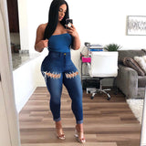 Women Plus Size Jeans High Waist Slim-Fit Lace Up Denim Pants