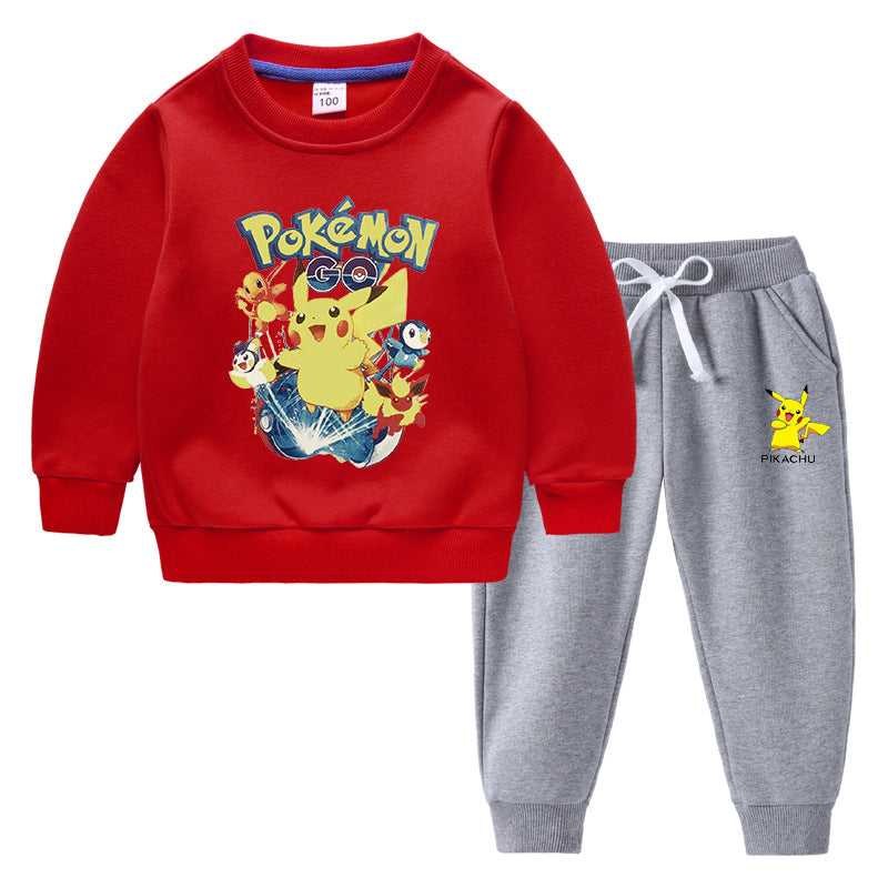 Children Pokemon Pikachu Hoodie & Pant Set Fleece Lined Padded Warm Keeping Winter Clothes Sweatershirt Suit Neutral
