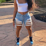 Women Plus Size Denim Shorts Rivet Ripped Denim Pants