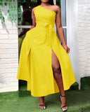 Women Plus Size Midi Dresses Fashionable Off-Shoulder Pure Color Split Dress