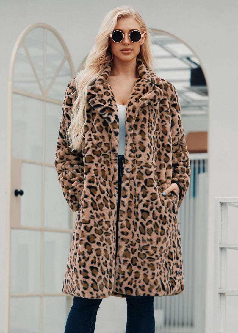 Beth Dutton Outfits Long Leopard Print Suit Collar Faux Fur Coat Women's Coat Autumn and Winter