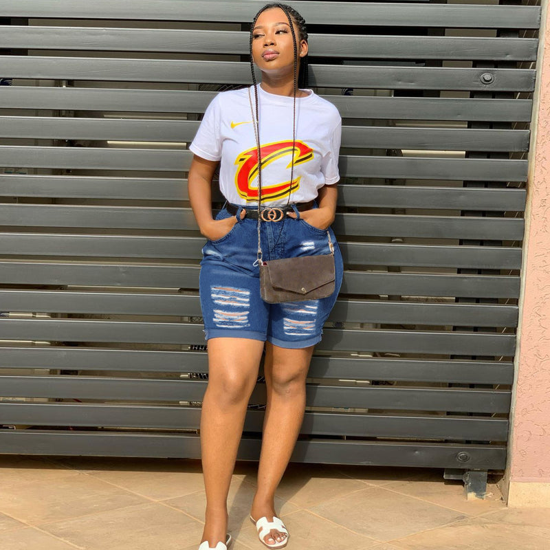 Women Plus Size Jeans Fashion Holes High Waist Denim Shorts