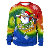 Black Christmas Sweater Crew Neck 3D Printed Santa Claus Loose