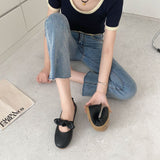 Nude Block Heel Sands Mary Jane Bow Leather Shoes