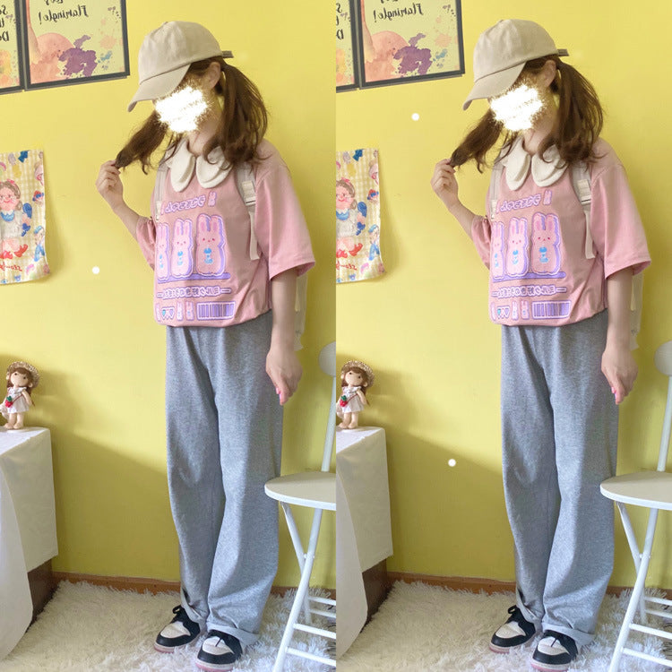 Gothic Lolita Harajuku Style Clothing Three Milk Rabbit Printed Cute T-shirt (Excluding Fake Collar)