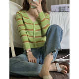 Preppy Aesthetic Outfits Thin Striped Sweater V-neck Long Sleeve