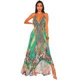 Women Exotic Dresses Summer Retro V-neck Sexy Backless Dress Printing Slip Dress