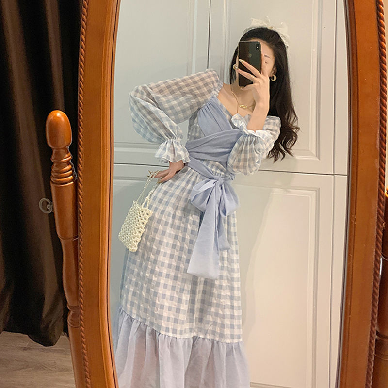 Fairy Dress Fairy Skirt Spring French Retro Bubble Long Sleeve Lace-up Ruffled Plaid Dress Midi Princess Dress