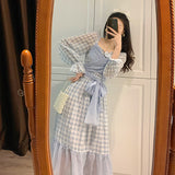Fairy Dress Fairy Skirt Spring French Retro Bubble Long Sleeve Lace-up Ruffled Plaid Dress Midi Princess Dress