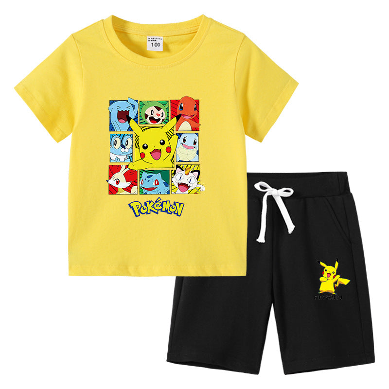 Children Pokemon Pikachu Tshirts & Shorts round Neck Half Sleeve T-shirt Suit Cotton Two-Piece Suit