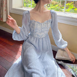 Fairy Dress French Romantic Elegant Blue Rose Jacquard Autumn Pearl over the Knee A- line Long Dress Temperament Female