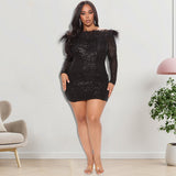 Nina Parker Dresses Large Size Sequined Elegant Slim-Fit Feather Dress
