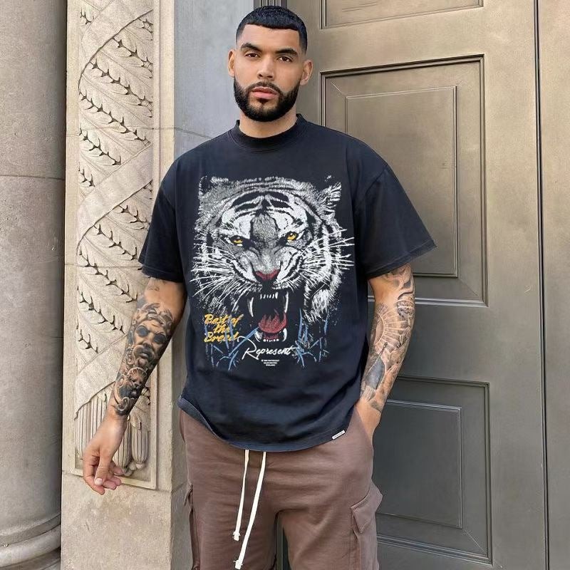 Present T Shirt Tiger Print Distressed Loose