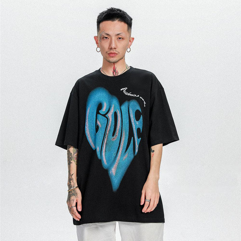 Men T Shirt Summer Casual Tops Love Heart Letter Print Short-Sleeve T-shirt Men round Neck Trend Loose Half Sleeve