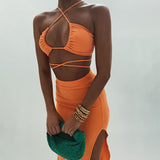 Women Top & Skirt 2 Piece Set Summer Sexy Hollow Vest Slim Fit Slit Skirt Suit