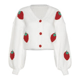 Women Coats Autumn and Winter Single-Breasted V-neck Knitted Cardigan Strawberry Long-Sleeved Sweater