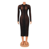 Kesha Black Dress Women's Sexy Mesh Stitching Long Sleeve Solid Color Dress