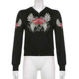 Black Rose Hoodie Rose Wings Printing Contrast Color Long Sleeves Hooded Zipper Sweatshirt