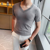 Men Short Sleeve T-Shirt V-neck Men's Knitted T-shirt