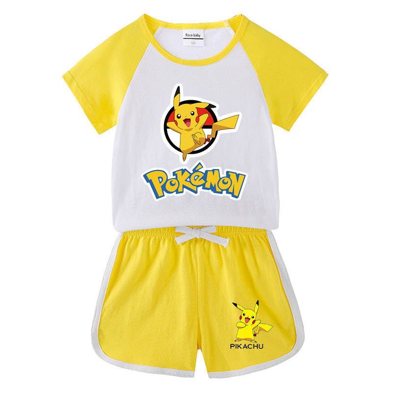 Children Pokemon Pikachu Tshirts & Shorts Short-Sleeved T-shirt Shorts Casual Sports Two-Piece Neutral
