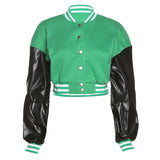 Women Coats Autumn and Winter Women's Single-Breasted Slim Jacket Pu Stitching Long Sleeve Baseball Uniform Coat