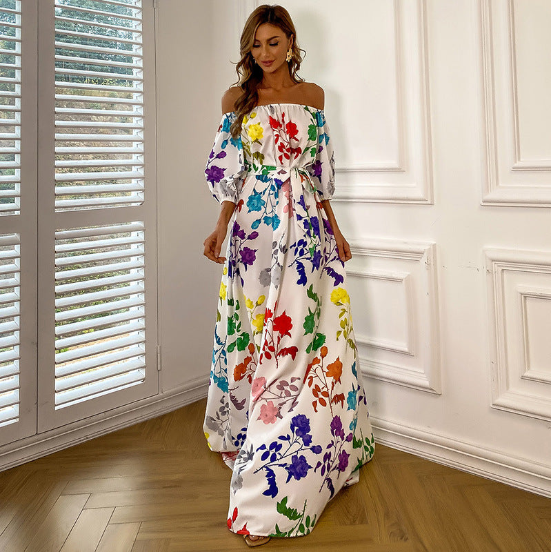 Bohemian Beach Dress off-Shoulder Floral Tight Waist