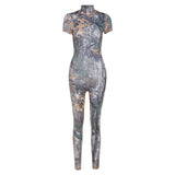 Summer women's fashion printed short-sleeved hip-lifting sports jumpsuit women
