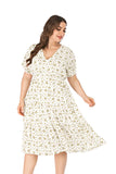 Women Plus Size MIDI Dressesv Collar Waist Trimming Short-Sleeved Printed Dress